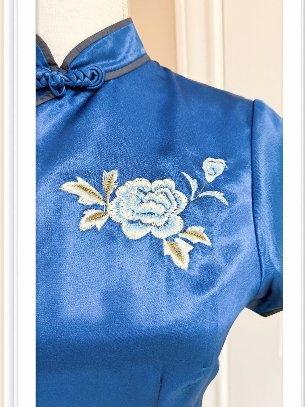Blue Silk Qipao Bodycon Dress with Embroidered Silk Flowers Size M